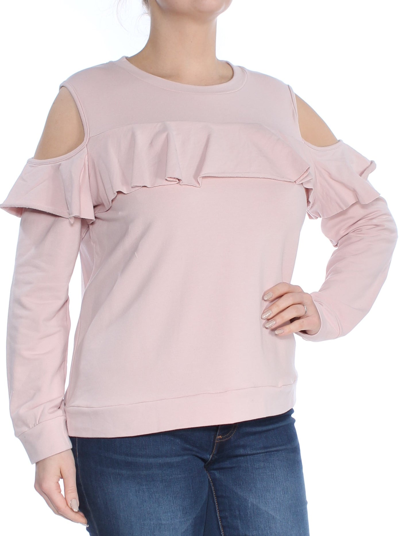 POLLY & ESTHER Womens Pink Ruffled Cold Shoulder Long Sleeve Jewel Neck Sweater