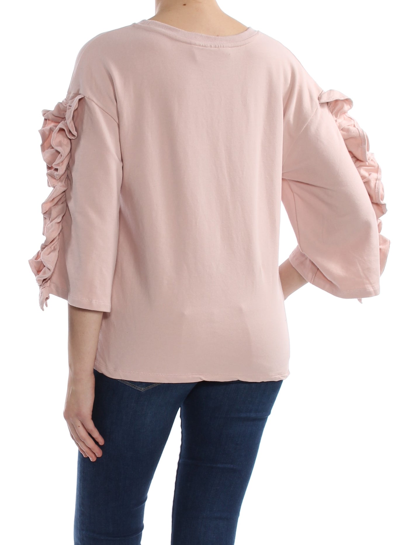 POLLY & ESTHER Womens Pink Ruffled Long Sleeve Jewel Neck Top