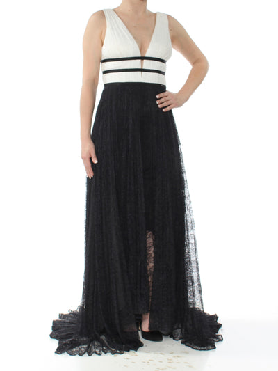 ADRIANNA PAPELL Womens Black Lace Sleeveless V Neck Full-Length Evening Dress