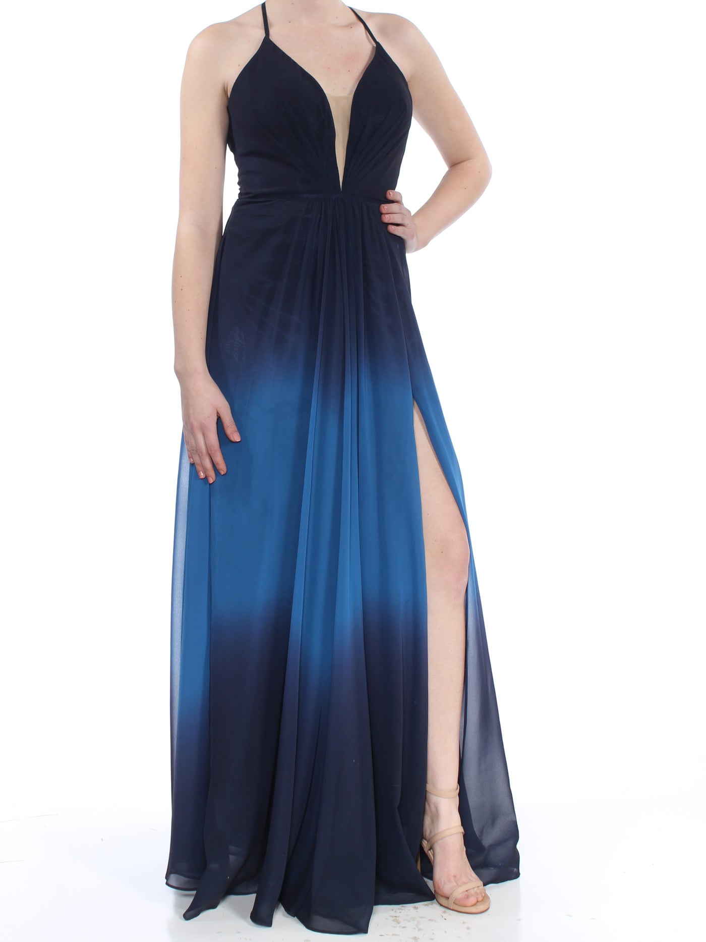 BETSY & ADAM Womens Blue Sheer Ombre Spaghetti Strap V Neck Full-Length Formal Empire Waist Dress