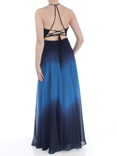 BETSY & ADAM Womens Blue Sheer Ombre Spaghetti Strap V Neck Full-Length Formal Empire Waist Dress