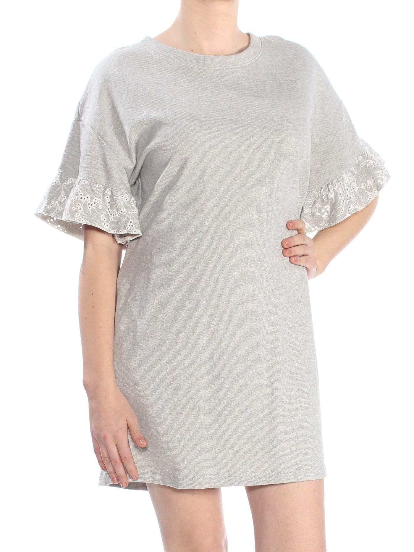 SANCTUARY Womens Gray Cut Out Eyelet Sweater Short Sleeve Jewel Neck Knee Length Shift Dress