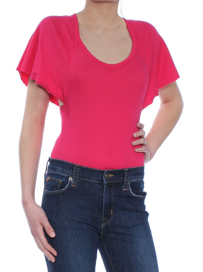 FREE PEOPLE Womens Pink Ribbed Flutter Sleeve Scoop Neck Body Suit Top