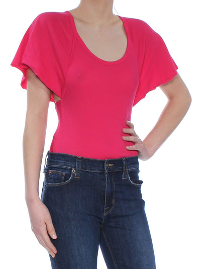 FREE PEOPLE Womens Pink Ribbed Flutter Sleeve Scoop Neck Body Suit Top