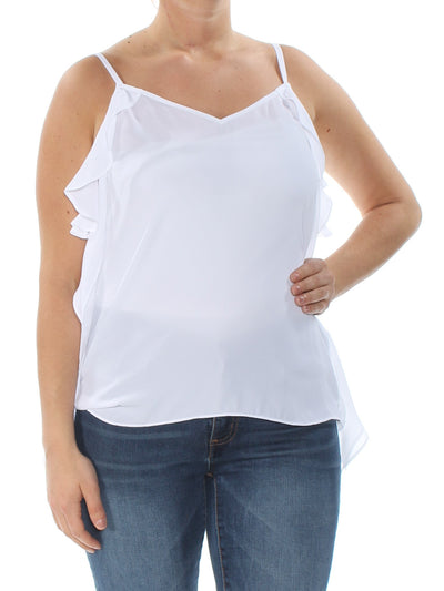BAR III Womens White Ruffle Side Spaghetti Strap V Neck Top