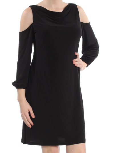 AMERICAN LIVING Womens Black Cold Shoulder Long Sleeve Cowl Neck Above The Knee Cocktail Shift Dress