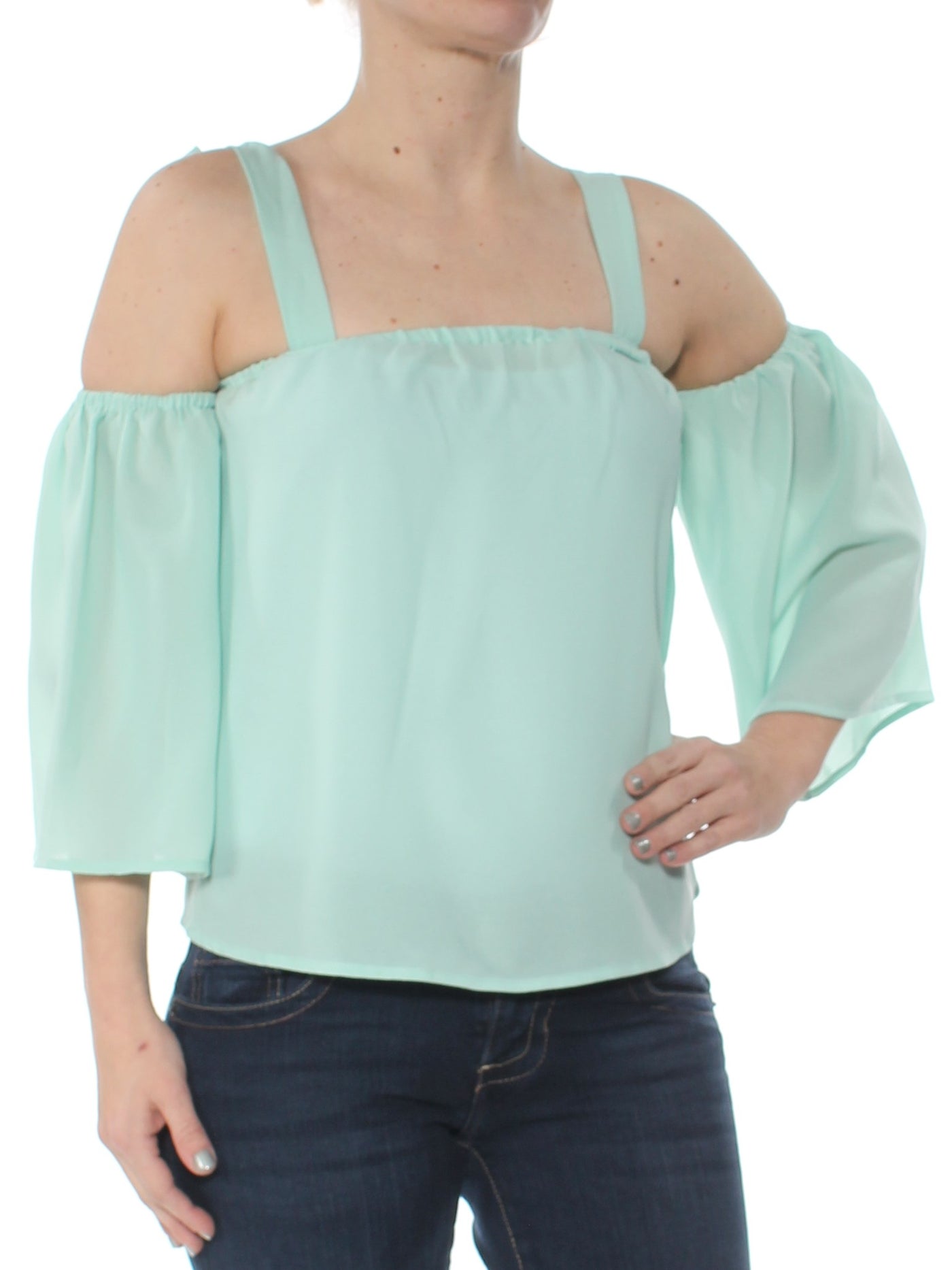 BUFFALO Womens Green Cold Shoulder 3/4 Sleeve Square Neck Top