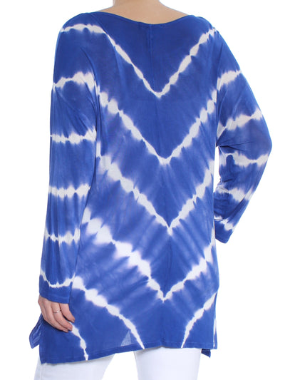 INC Womens Blue Handkerchief-hem Tie Dye Long Sleeve Scoop Neck Top