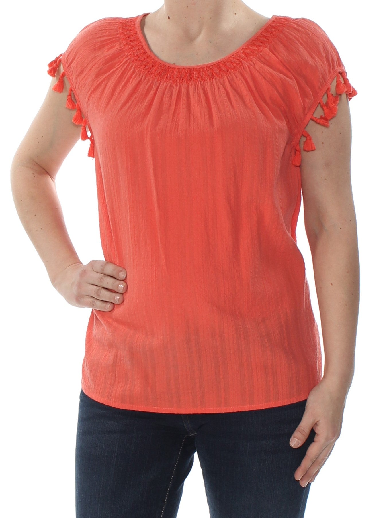 SANCTUARY Womens Tassel Trim Shirred Neck Jewel Neck Top