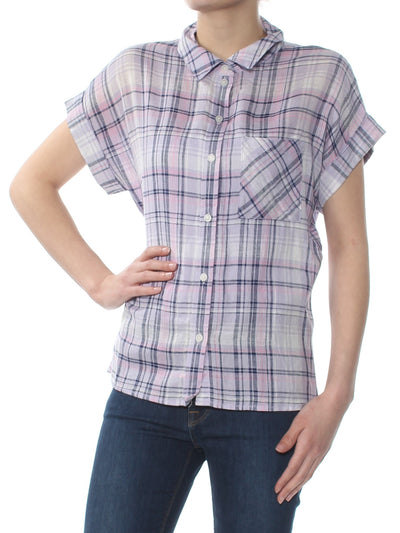 SANCTUARY Womens Purple Plaid Boyfriend Short Sleeve Collared Top