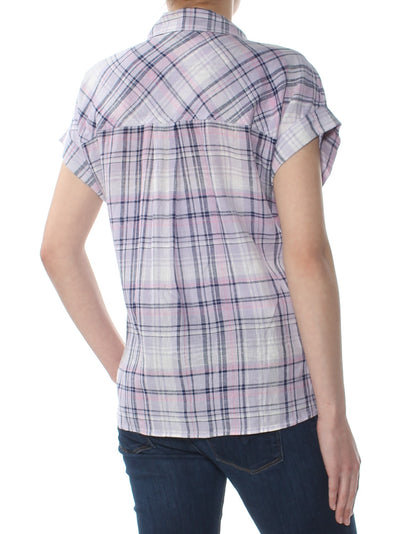 SANCTUARY Womens Purple Plaid Boyfriend Short Sleeve Collared Top