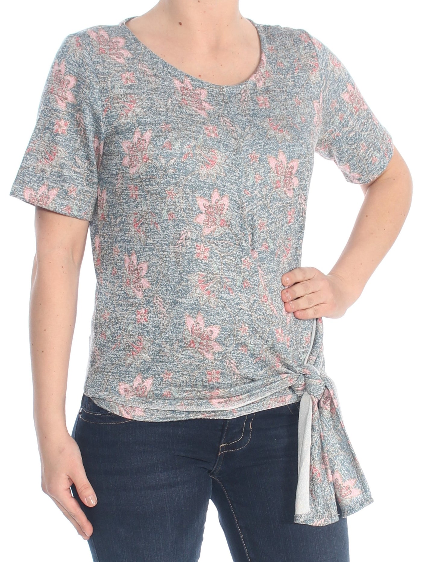 WILLIAM RAST Womens Tie Floral Short Sleeve Jewel Neck Top
