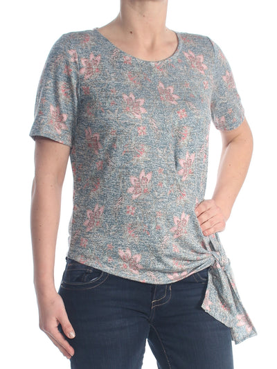 WILLIAM RAST Womens Tie Floral Short Sleeve Jewel Neck Top