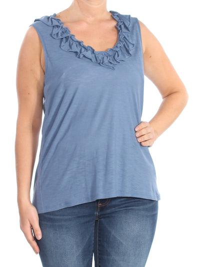 CECE Womens Blue Ruffled Scoop Neck Tank Top