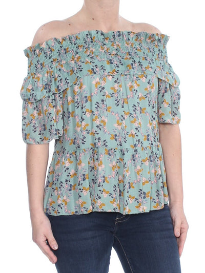 WILLIAM RAST Womens Ruffled Printed Short Sleeve Off Shoulder Top