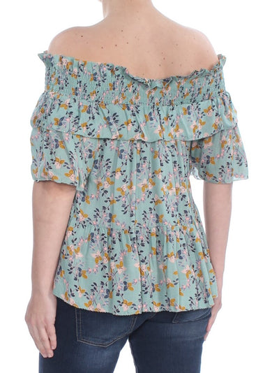 WILLIAM RAST Womens Ruffled Printed Short Sleeve Off Shoulder Top