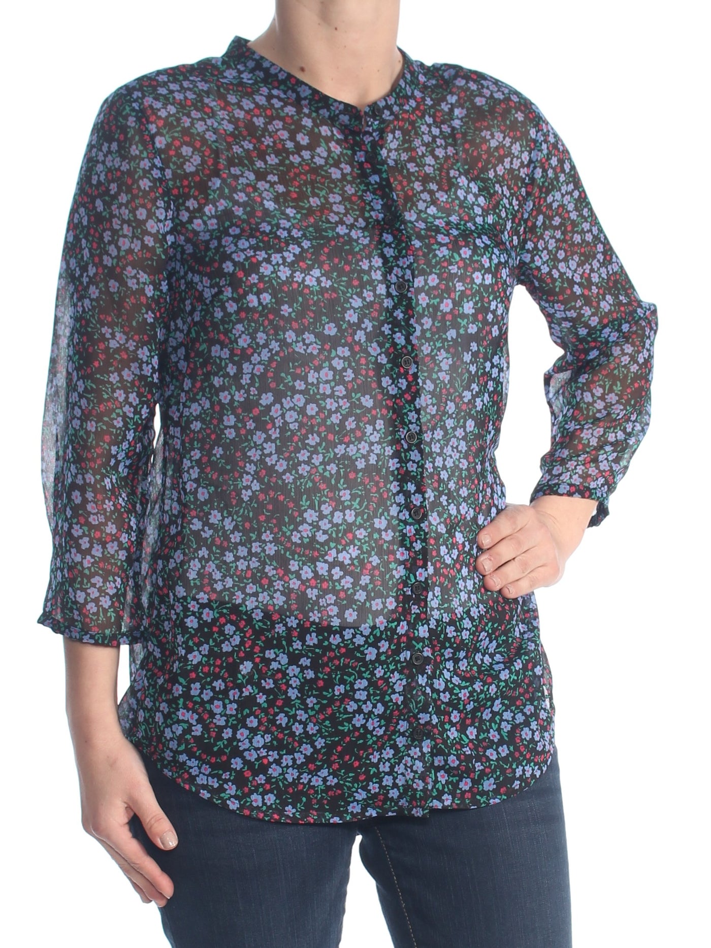 FRENCH CONNECTION Womens Black Sheer Floral 3/4 Sleeve Button Up Top