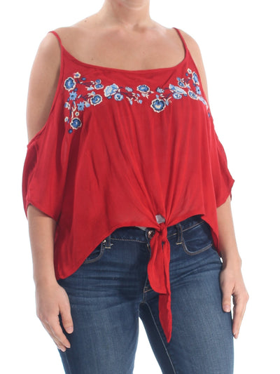 POLLY & ESTHER Womens Red Tie Cold Shoulder Floral Scoop Neck Top