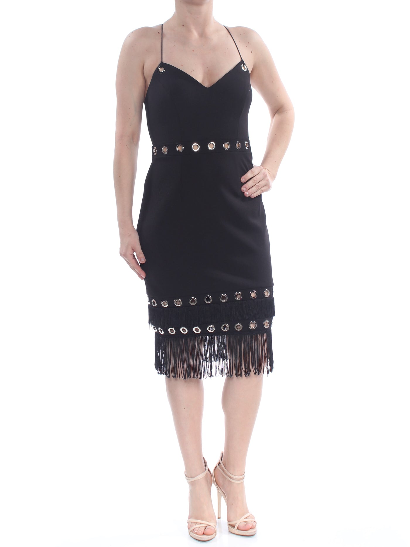 AIDAN AIDAN MATTOX Womens Black Darted Fringed O-rings Spaghetti Strap V Neck Midi Party Dress