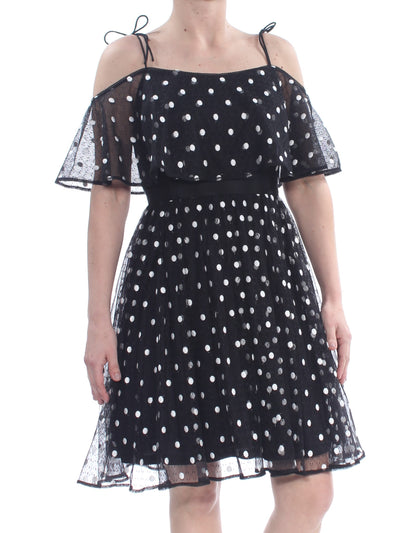 ADRIANNA PAPELL Womens Black Tie Sheer Polka Dot Short Sleeve Off Shoulder Knee Length Party Dress