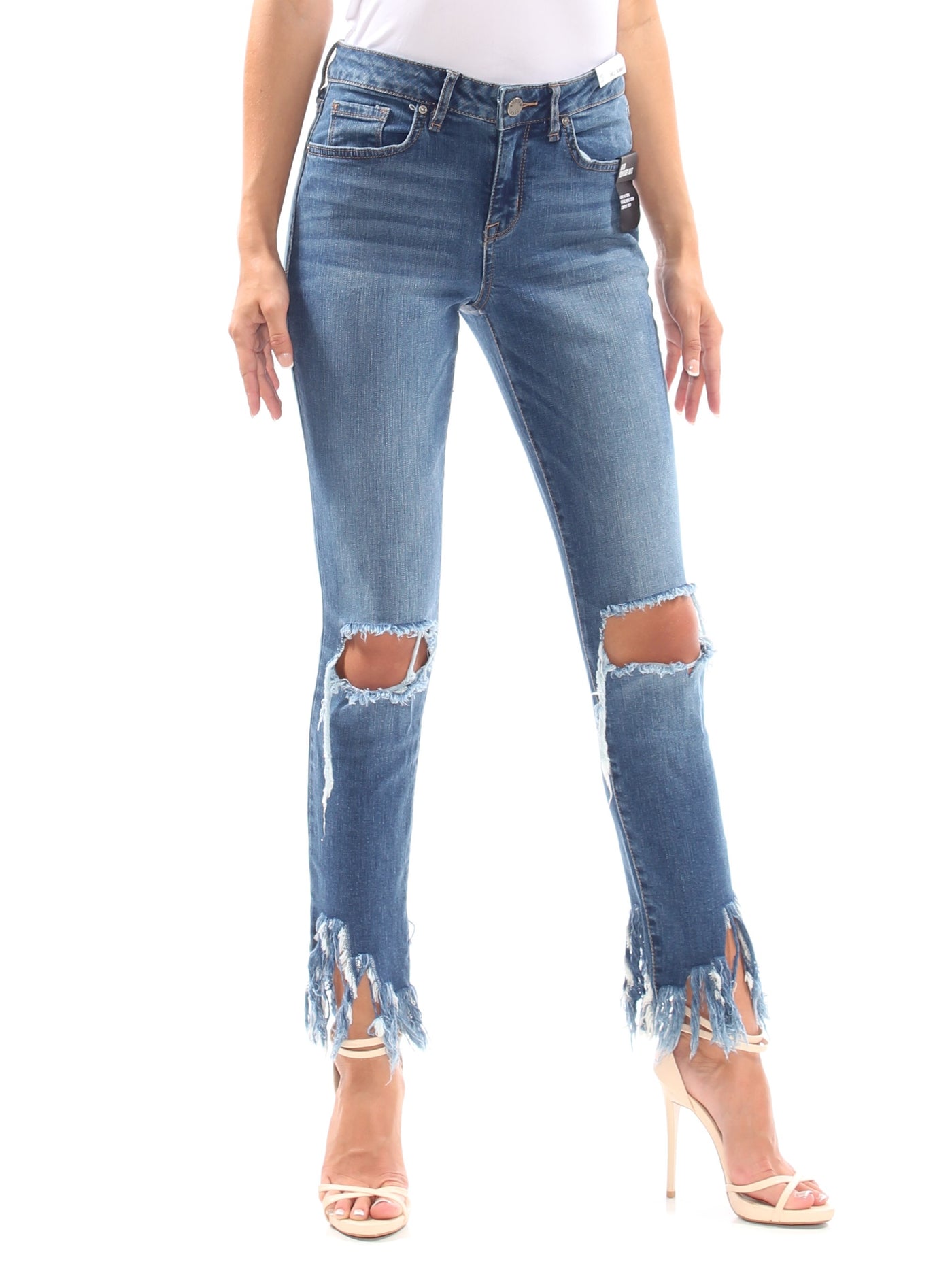 WILLIAM RAST Womens Blue Ripped Fringe Hem Skinny Jeans