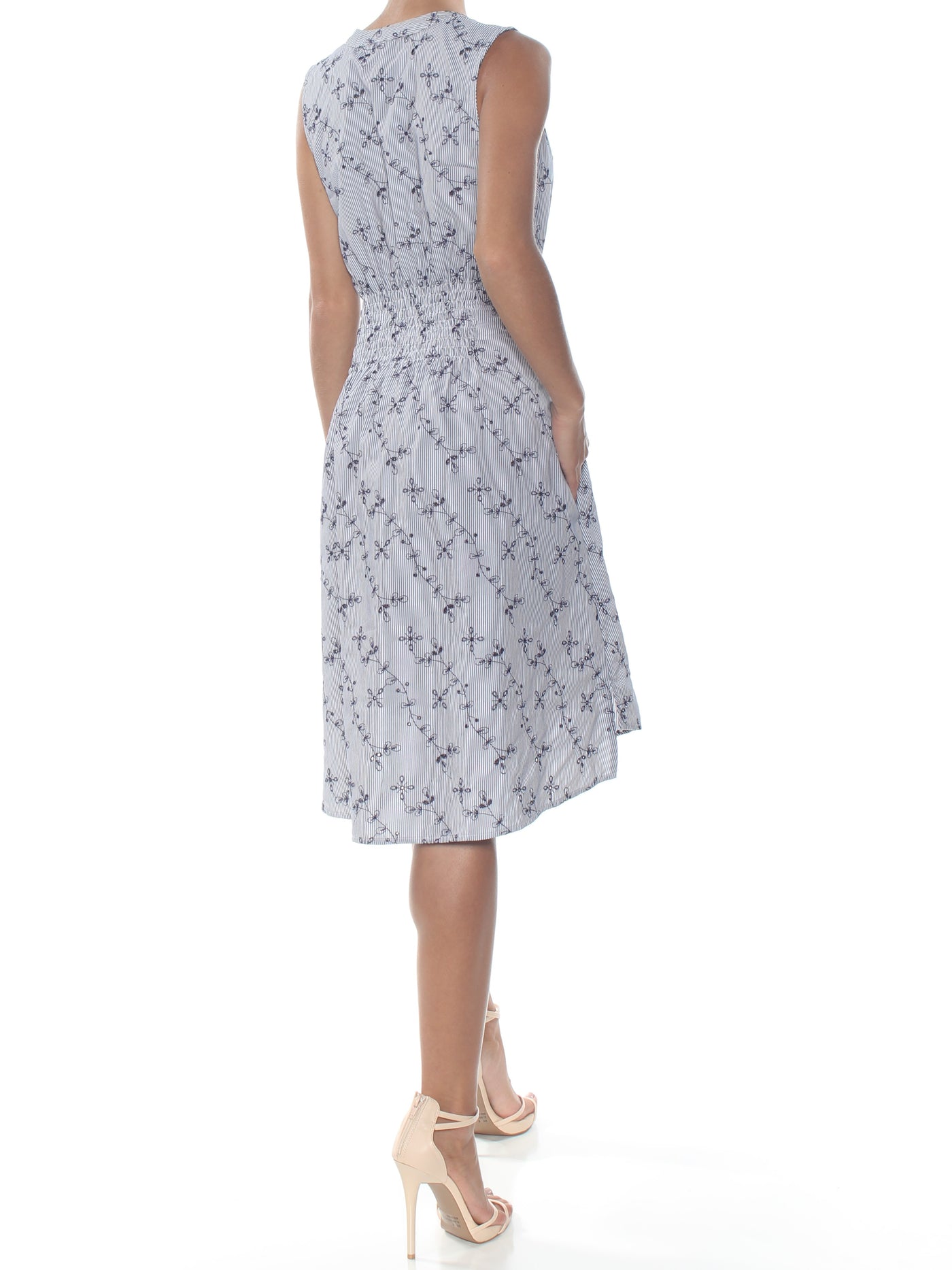 WILLIAM RAST Womens Blue Embroidered Pinstripe Sleeveless Knee Length Dress