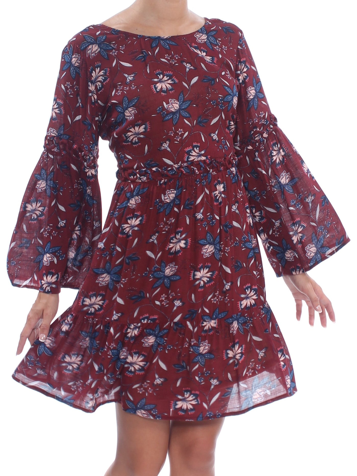 WILLIAM RAST Womens Burgundy Printed Bell Sleeve Scoop Neck Mini Dress