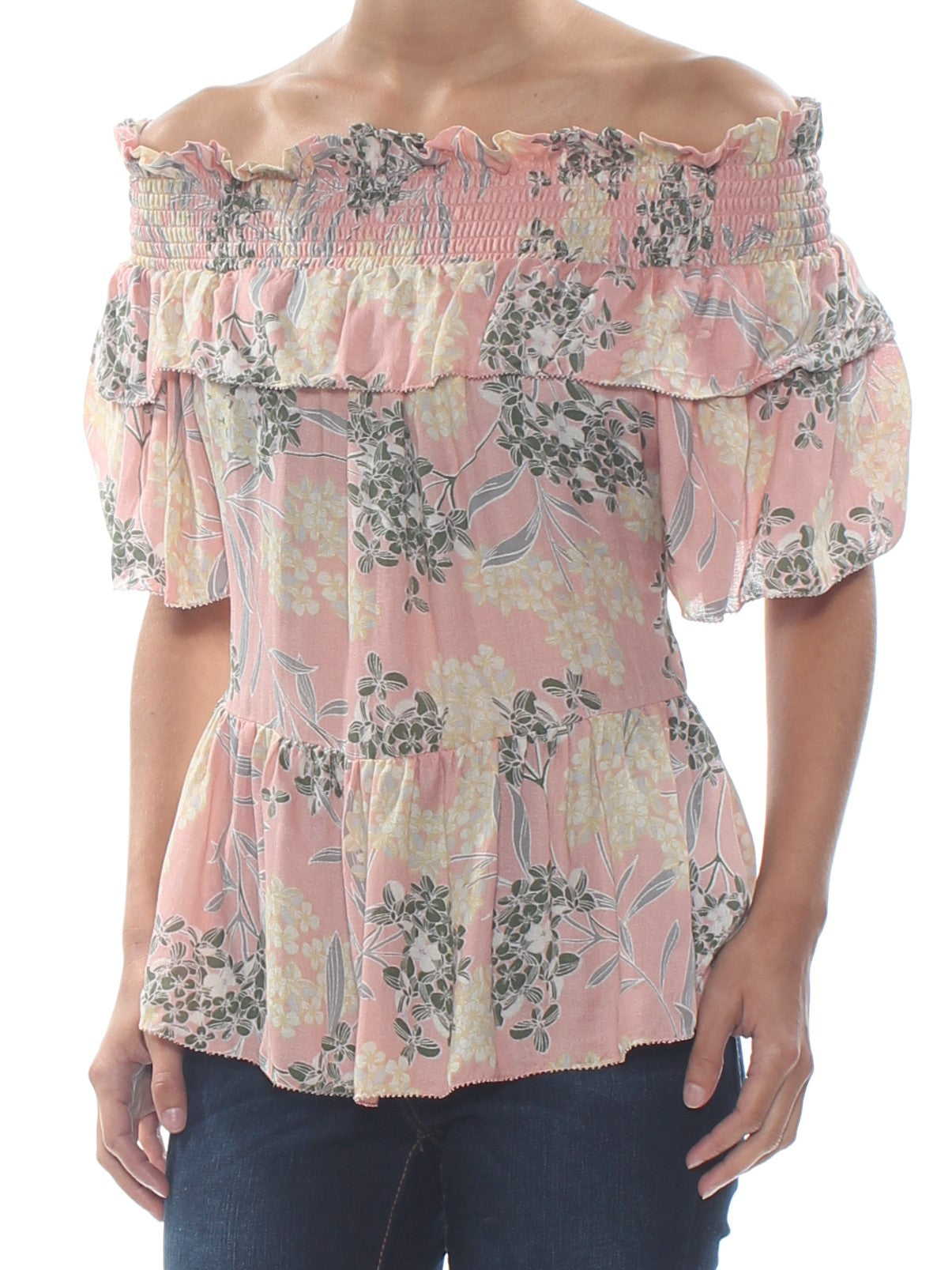 WILLIAM RAST Womens Ruffled Printed Short Sleeve Off Shoulder Top