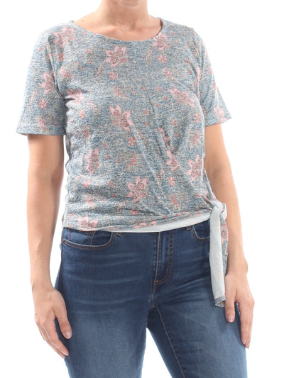 WILLIAM RAST Womens Blue Tie Front Floral Short Sleeve Jewel Neck Top