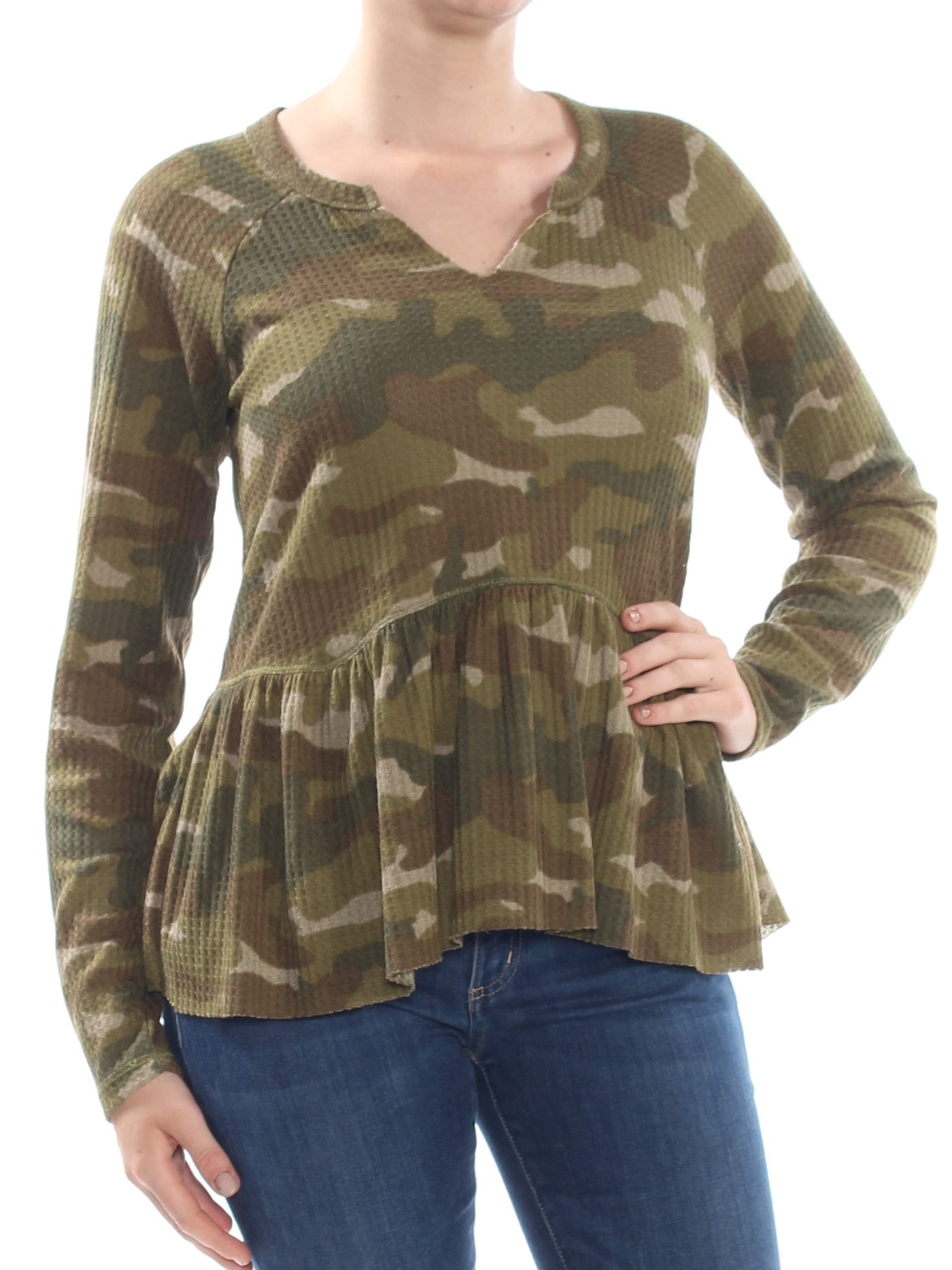 WILLIAM RAST Womens Camouflage Long Sleeve V Neck Peplum Top