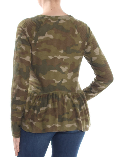 WILLIAM RAST Womens Camouflage Long Sleeve V Neck Peplum Top