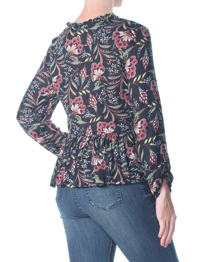 WILLIAM RAST Womens Black Printed  Matilda Asymmetrical Long Sleeve V Neck Top