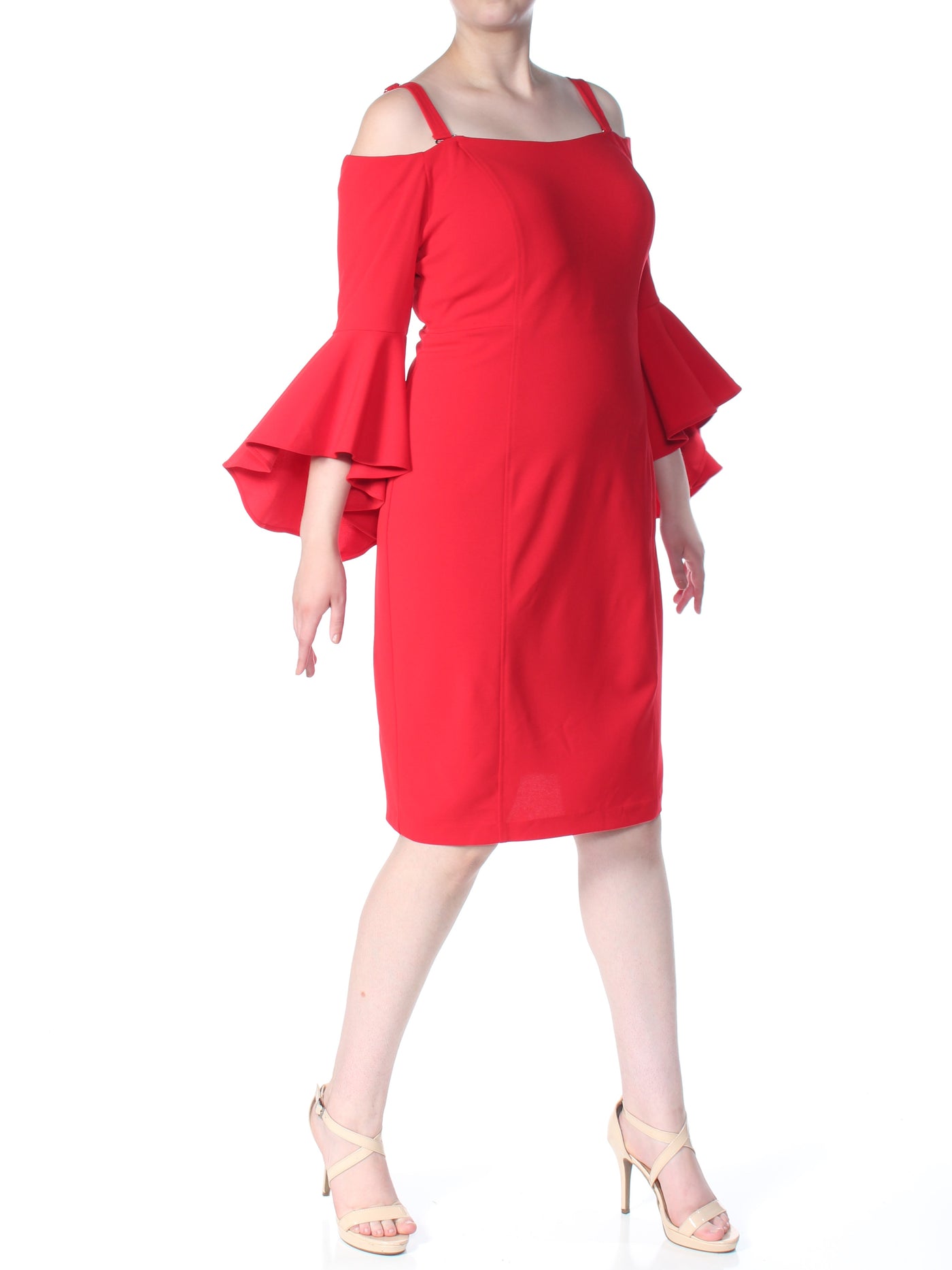 R&M RICHARDS WOMAN Womens Red Cold Shoulder Bell Sleeve Square Neck Knee Length Sheath Dress