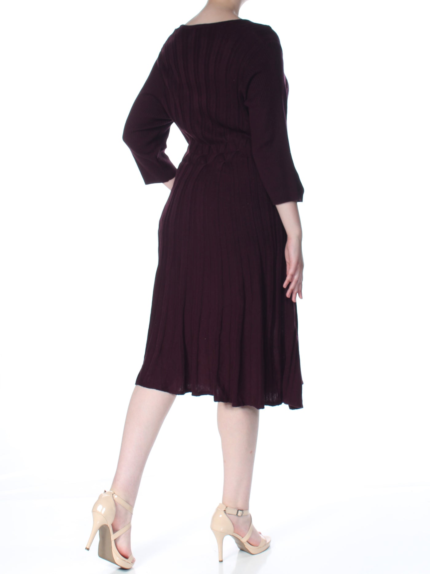 CONNECTED APPAREL Womens Purple Heather 3/4 Sleeve V Neck Below The Knee Fit + Flare Dress