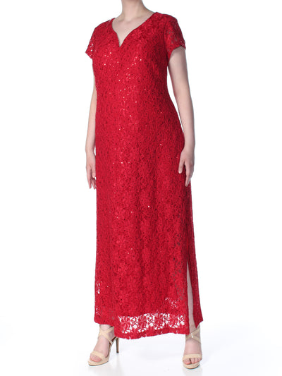 CONNECTED APPAREL Womens Red Lace Speckle Short Sleeve V Neck Full-Length Formal Shift Dress