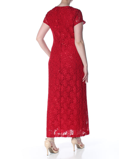 CONNECTED APPAREL Womens Red Lace Speckle Short Sleeve V Neck Full-Length Formal Shift Dress