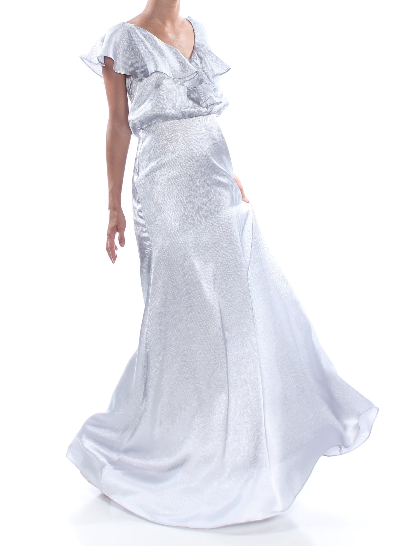 ADRIANNA PAPELL Womens Silver Ruffled Short Sleeve V Neck Full-Length Evening A-Line Dress