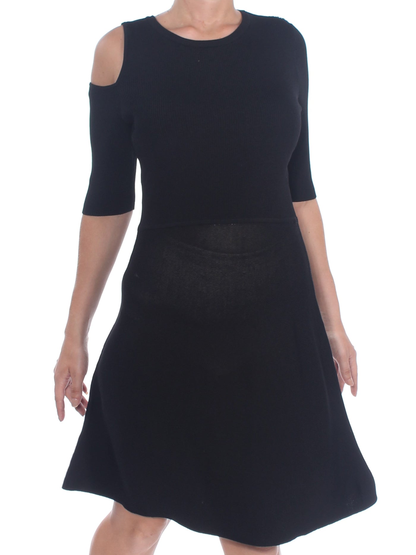 BAR III Womens Black Cutout Knit Short Sleeve Crew Neck Knee Length Cocktail A-Line Dress