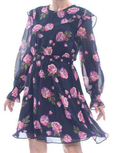MAISON JULES Womens Navy Sheer Floral Long Sleeve Jewel Neck Knee Length Fit + Flare Dress