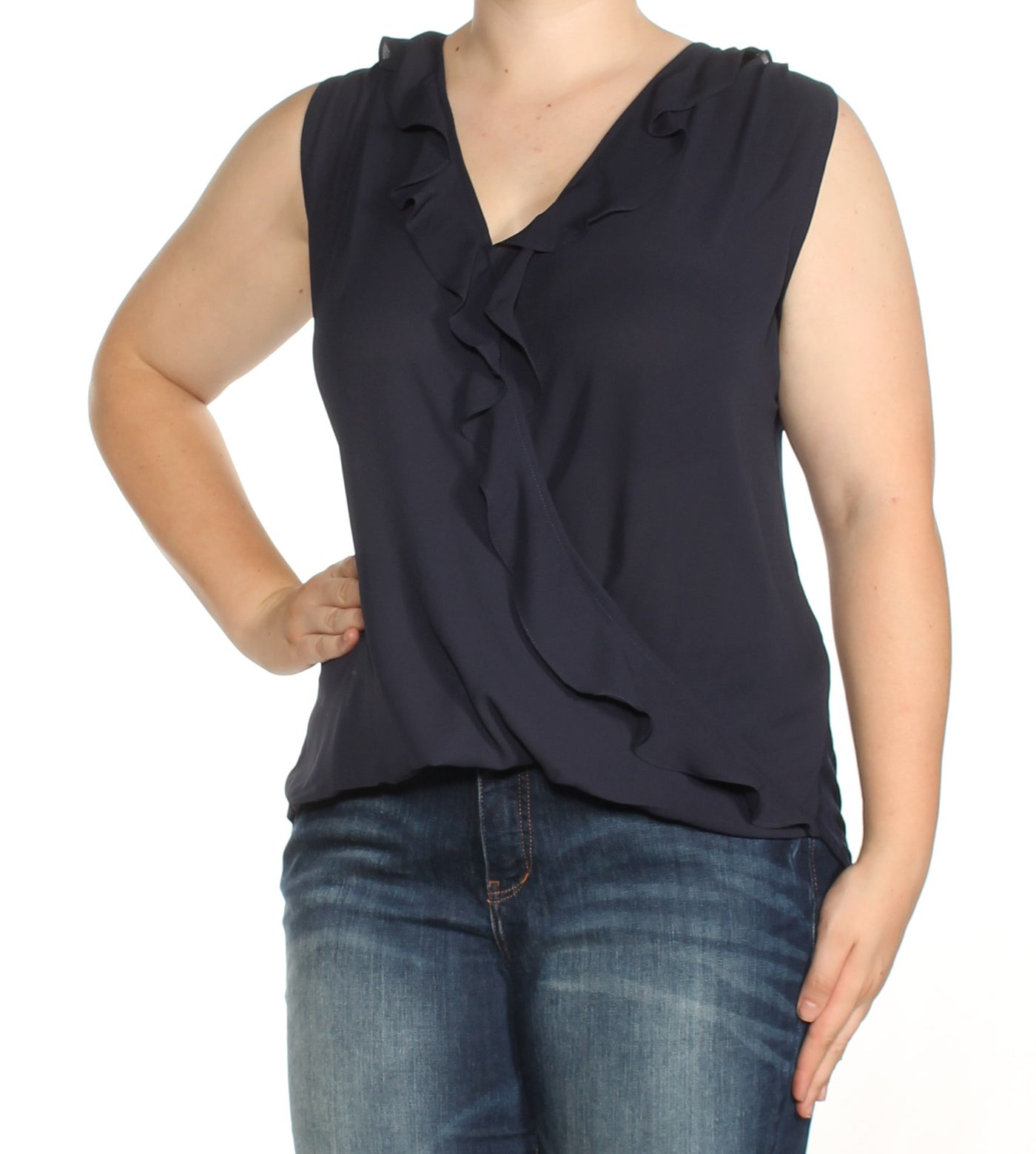 INC Womens Navy Sleeveless V Neck Top