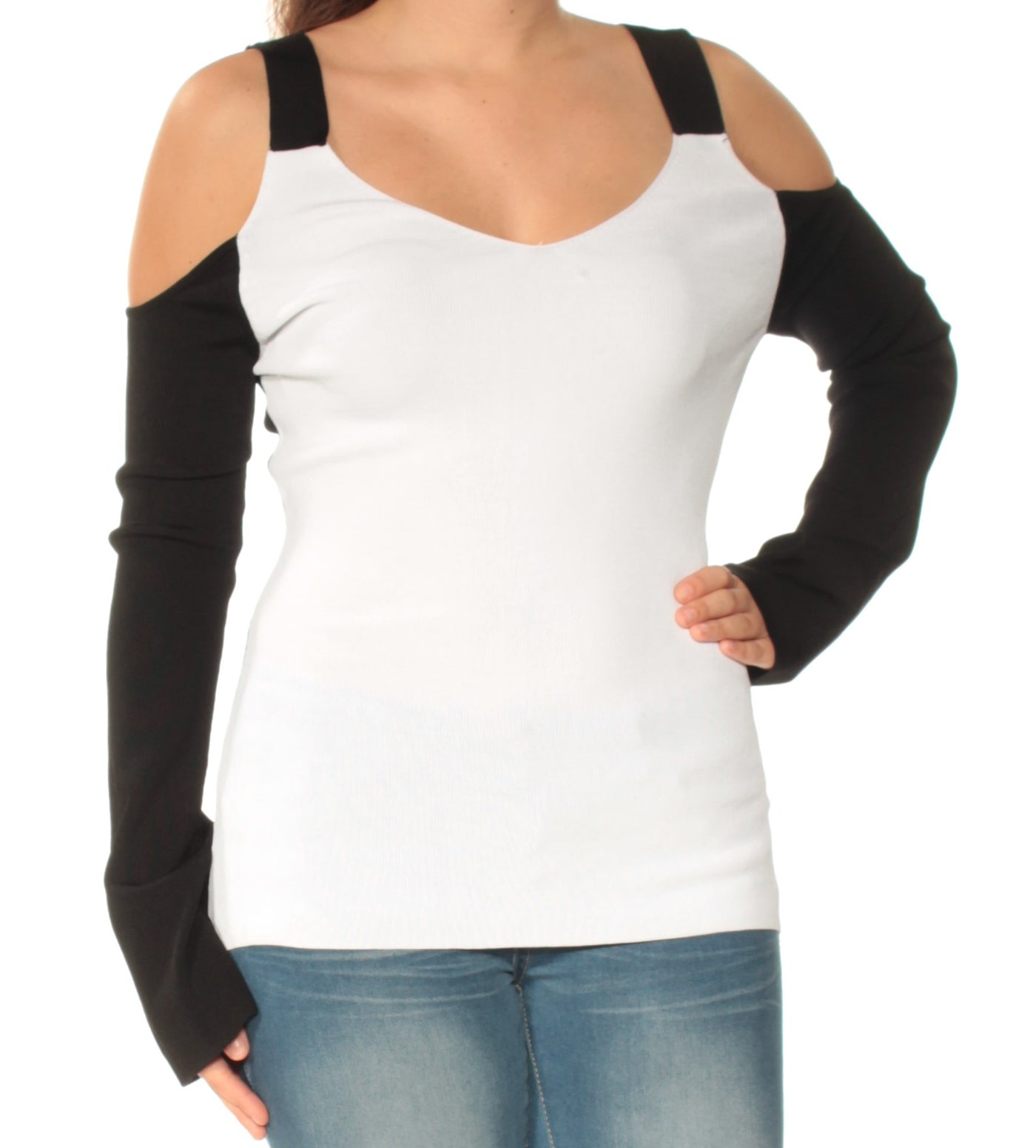 YYIGAL Womens White Cold Shoulder Color Block Long Sleeve Scoop Neck Top