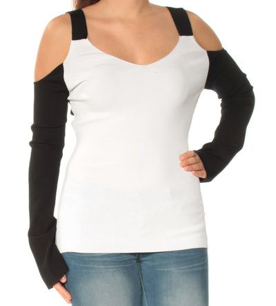 YYIGAL Womens White Cold Shoulder Color Block Long Sleeve Scoop Neck Top