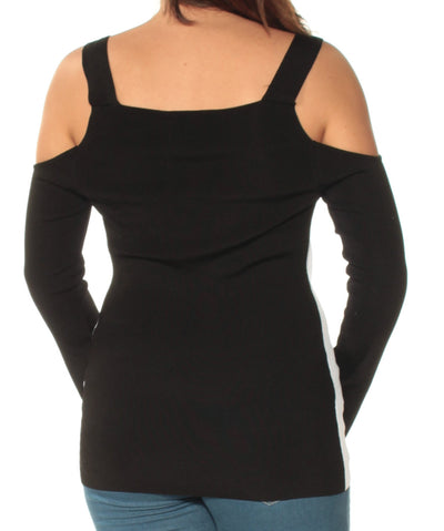 YYIGAL Womens White Cold Shoulder Color Block Long Sleeve Scoop Neck Top