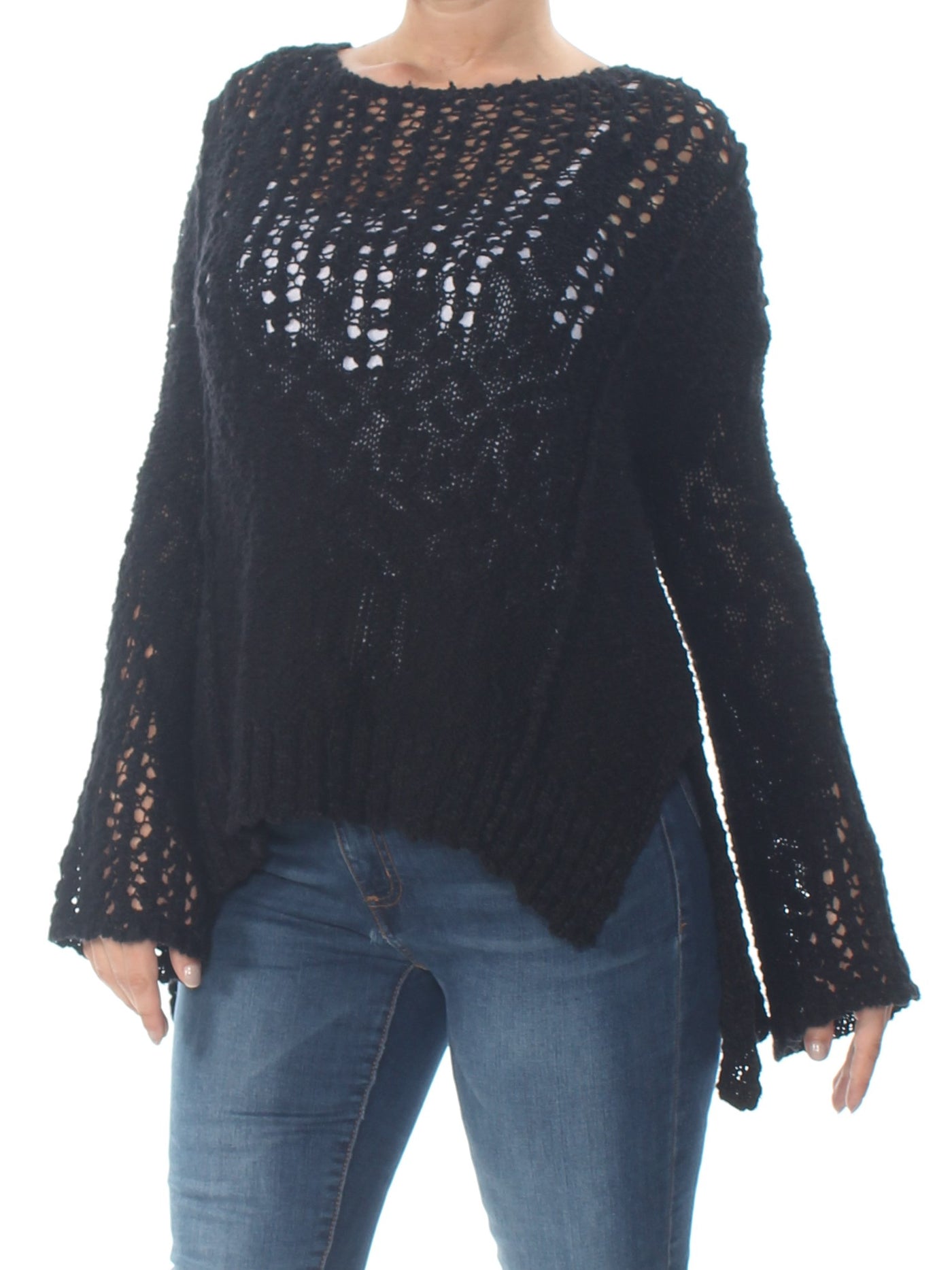 ARIZONA Womens Black Eyelet Long Sleeve Jewel Neck Sweater
