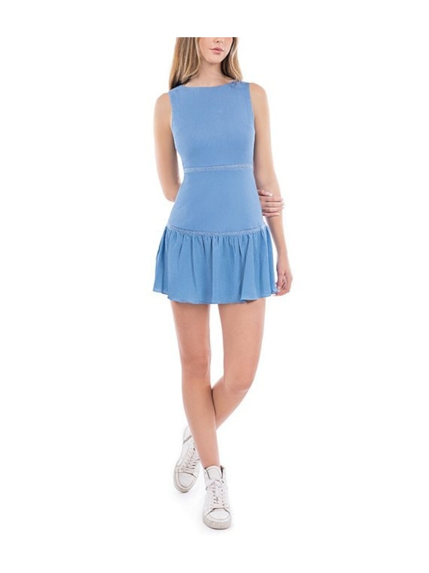 B DARLIN Womens Blue Sleeveless Round Neck Mini Fit + Flare Dress Juniors 5\6