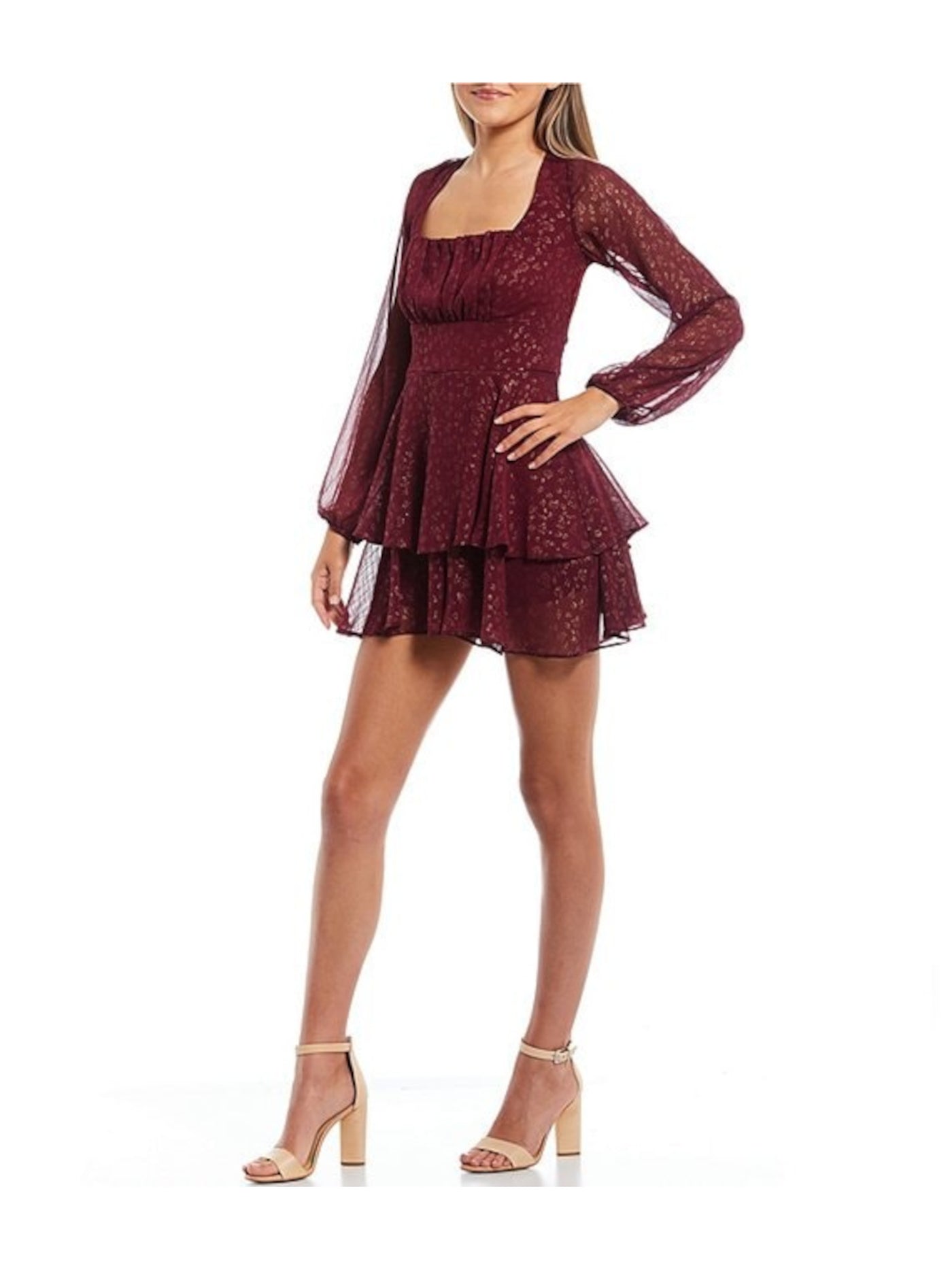 CITY STUDIO Womens Burgundy Pleated Zippered Tiered Skirt Tie Back Lined Long Sleeve Square Neck Mini Party Fit + Flare Dress Juniors 9