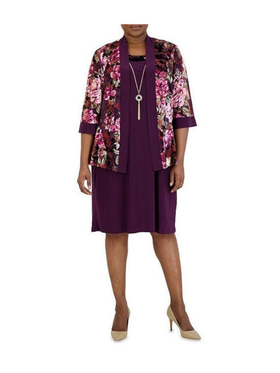 R&M RICHARDS Womens Purple Open Front Sheer Elbow Sleeve Floral Wear To Work Jacket Plus 22W