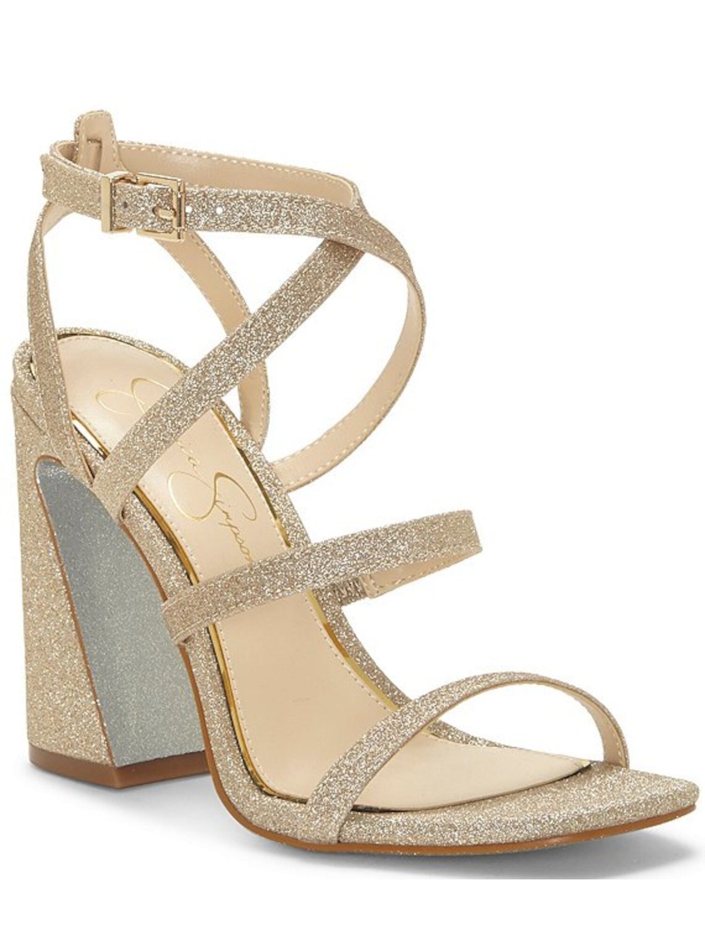 JESSICA SIMPSON Womens Gold Glitter Strappy Open Toe Block Heel Buckle Dress Sandals Shoes 10