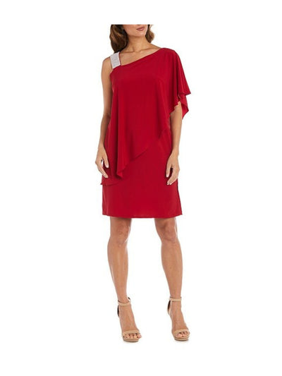 R&M RICHARDS Womens Red Embellished Ruffled Elbow Sleeve Asymmetrical Neckline Knee Length Party Shift Dress 12