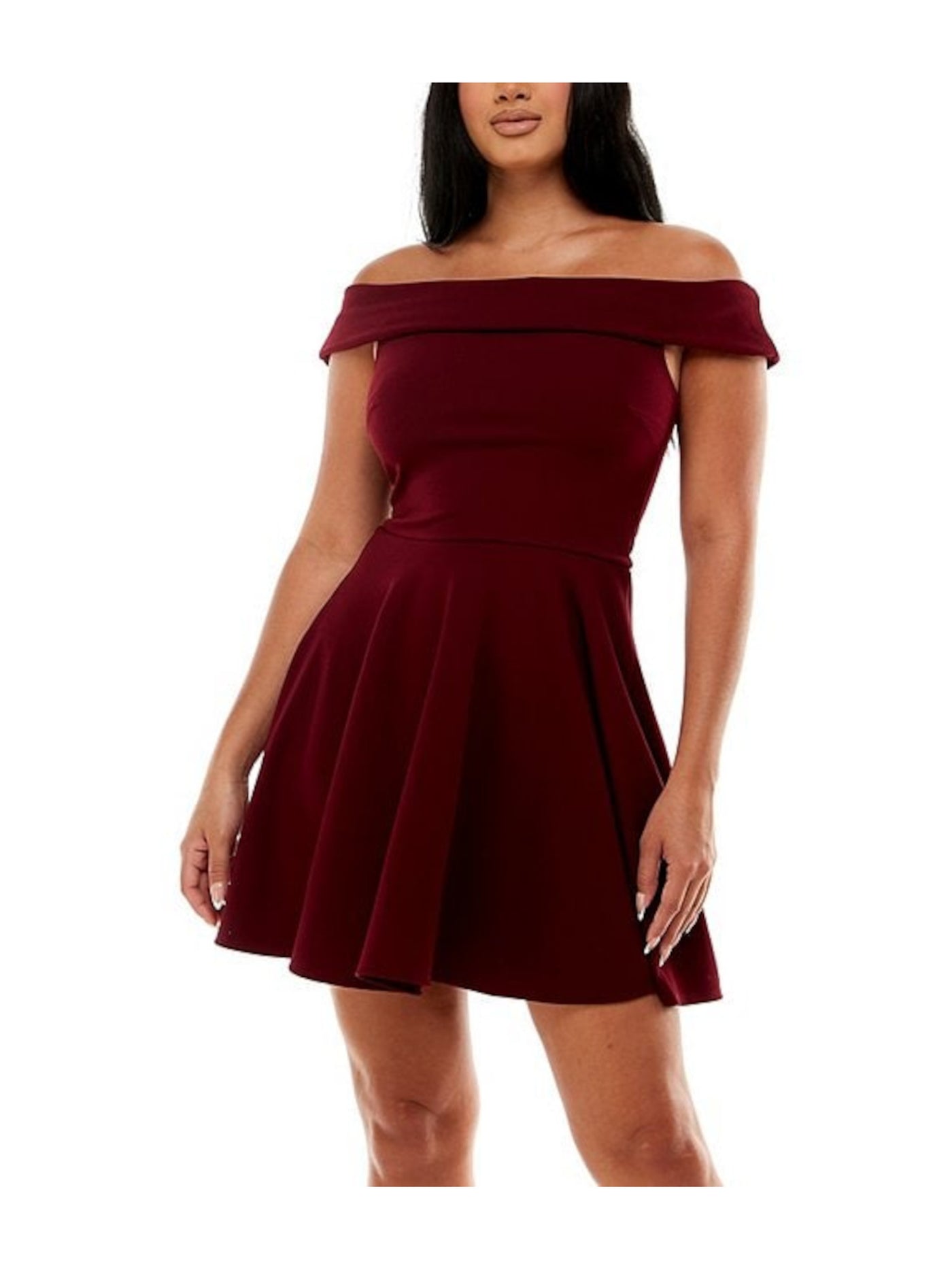 B DARLIN Womens Burgundy Stretch Zippered Ruffled Short Sleeve Off Shoulder Short Party Fit + Flare Dress 9\10